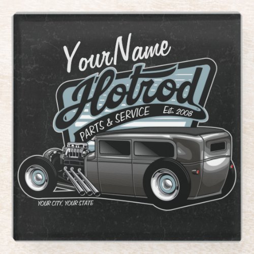 Personalized Suede Hot Rod Sedan Speed Shop Garage Glass Coaster