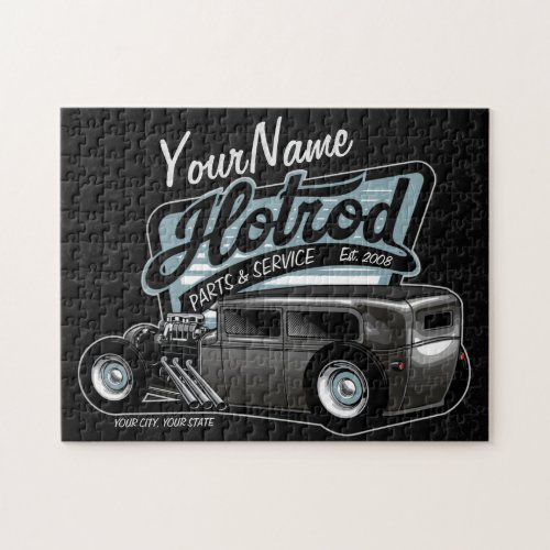 Personalized Suede Hot Rod Sedan Speed Shop Garage Jigsaw Puzzle