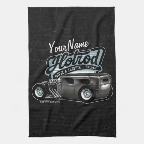 Personalized Suede Hot Rod Sedan Speed Shop Garage Kitchen Towel