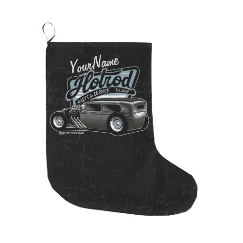 Personalized Suede Hot Rod Sedan Speed Shop Garage Large Christmas Stocking