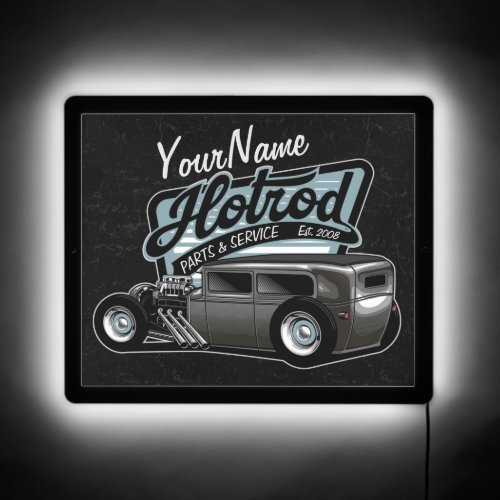 Personalized Suede Hot Rod Sedan Speed Shop Garage LED Sign