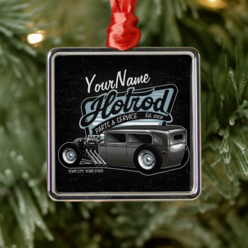 Personalized Suede Hot Rod Sedan Speed Shop Garage Metal Ornament
