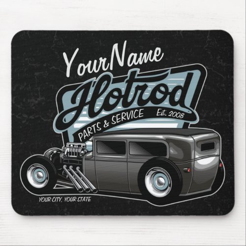 Personalized Suede Hot Rod Sedan Speed Shop Garage Mouse Pad