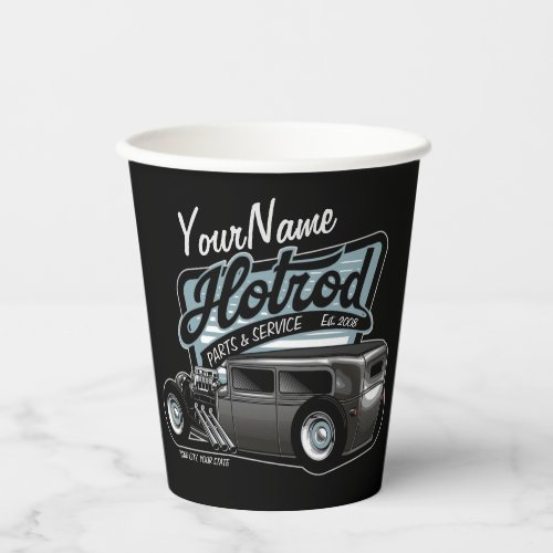 Personalized Suede Hot Rod Sedan Speed Shop Garage Paper Cups