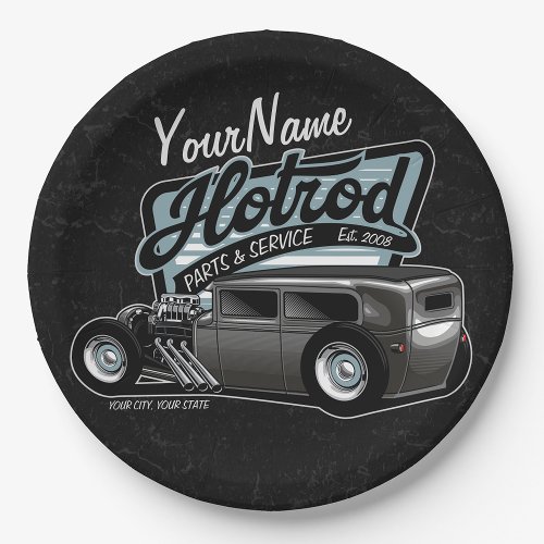 Personalized Suede Hot Rod Sedan Speed Shop Garage Paper Plates