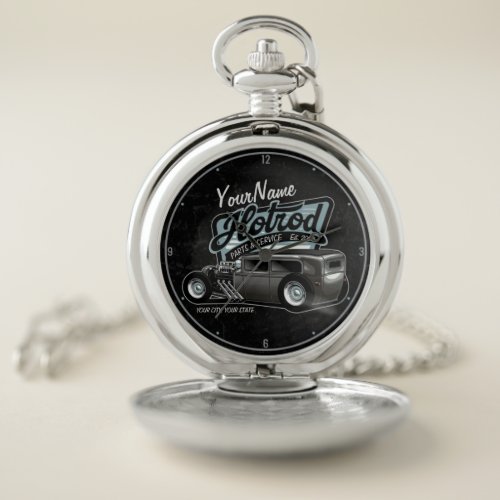 Personalized Suede Hot Rod Sedan Speed Shop Garage Pocket Watch