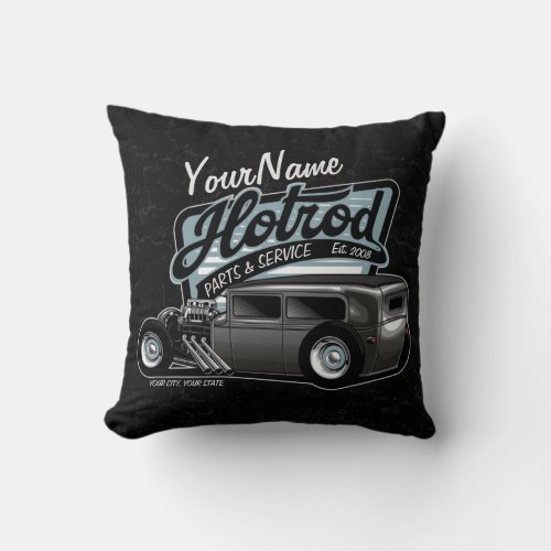 Personalized Suede Hot Rod Sedan Speed Shop Garage Throw Pillow