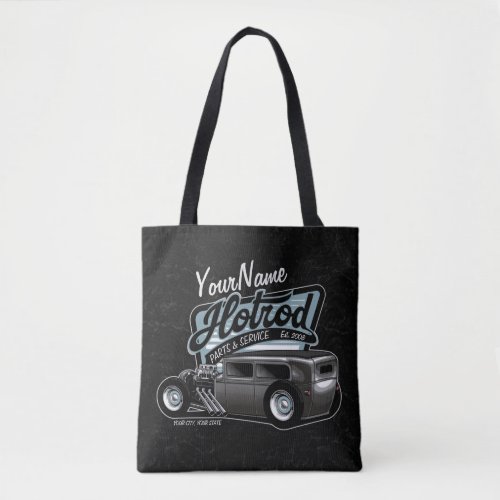 Personalized Suede Hot Rod Sedan Speed Shop Garage Tote Bag