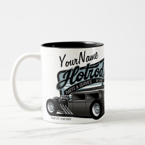 Personalized Suede Hot Rod Sedan Speed Shop Garage Two_Tone Coffee Mug