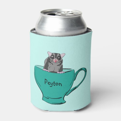 Personalized Sugar Glider in a Green Teacup Can Cooler