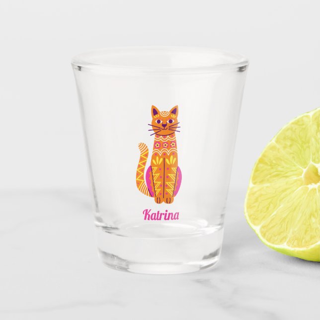 Personalized Sugar Skull Cat Halloween Shot Glass (Front)