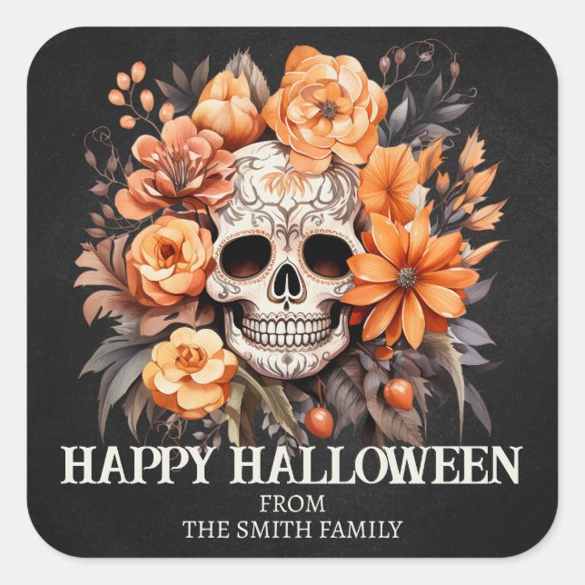 Personalized Sugar Skull Halloween Square Sticker (Front)