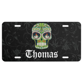 Personalized Sugar Skull Orange Purple Flowers License Plate