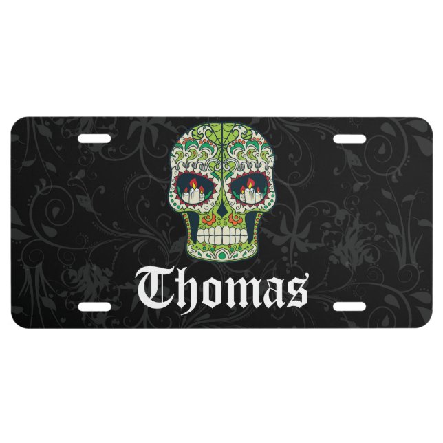 Personalized Sugar Skull Orange Purple Flowers License Plate (Front)