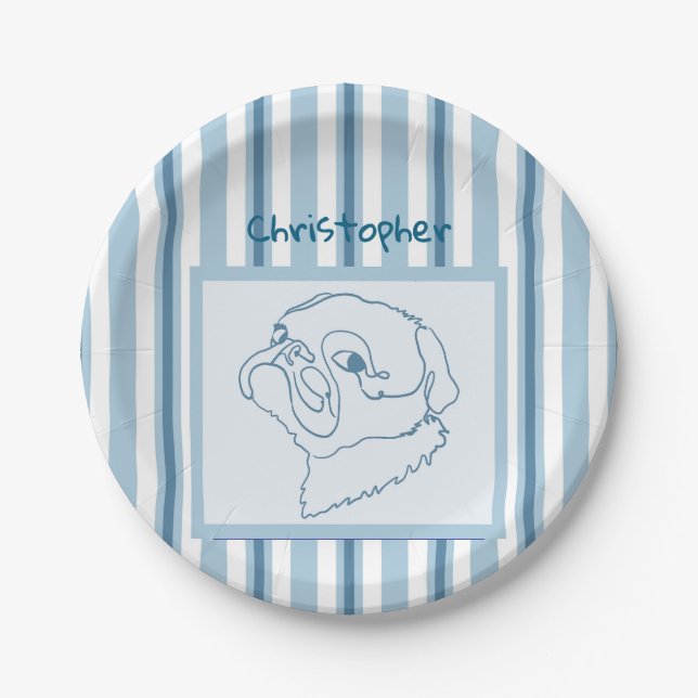 Personalized Summer Bath Pug Line Art Paper Plates (Front)