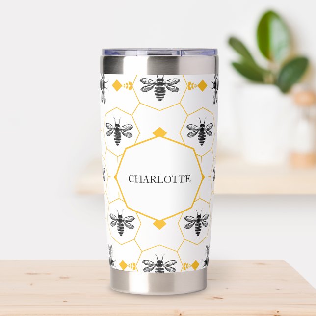 Personalized Summer Bee Modern Yellow Minimalistic Insulated Tumbler (Personalized Summer Bee Hot Cold Honeycomb Insulated Tumbler)