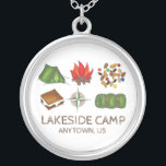 Personalized Summer Camp Camper Camping Necklace<br><div class="desc">Features an original marker illustration of six classic camping-themed illustrations,  including a campfire,  trail mix,  tent,  sleeping bag,  s'mores,  and compass. Simply personalize with your camp information.</div>