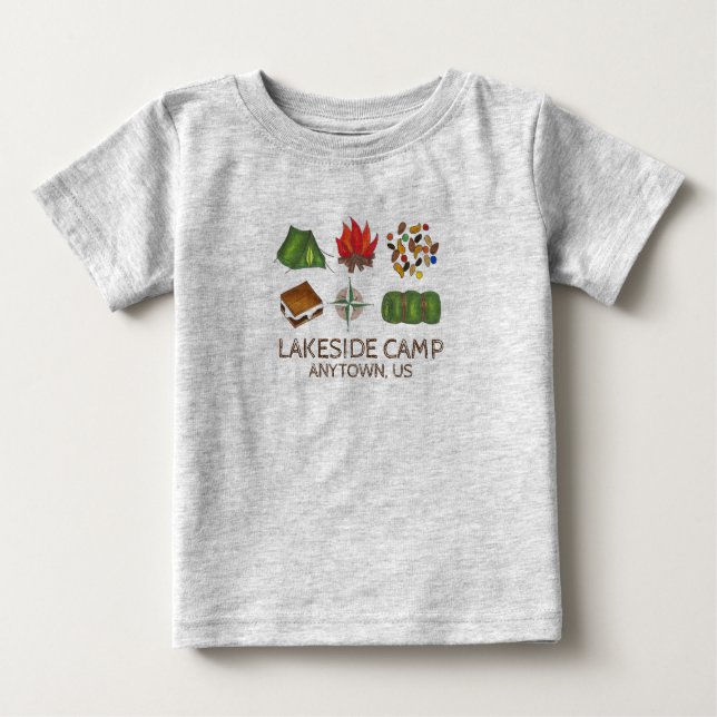 Personalized Summer Camp Camping Tent Campfire Baby T-Shirt (Front)