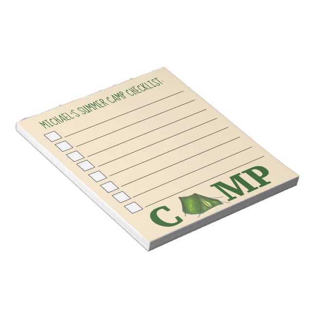 Personalized Summer Camp Checklist Green Tent Notepad (Angled)