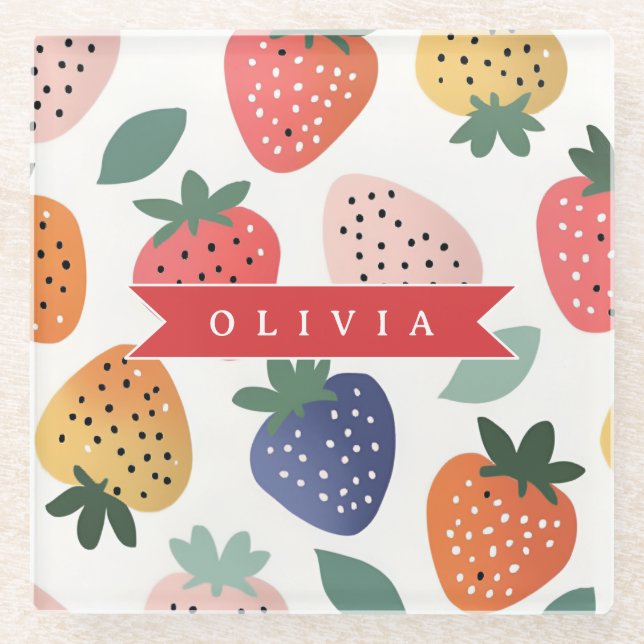 Personalized Summer Colorful Strawberry Pattern Glass Coaster (Front)
