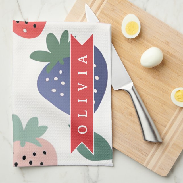 Personalized Summer Colorful Strawberry Pattern Kitchen Towel (Quarter Fold)