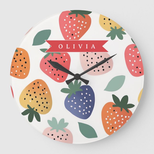 Personalized Summer Colorful Strawberry Pattern Large Clock (Front)