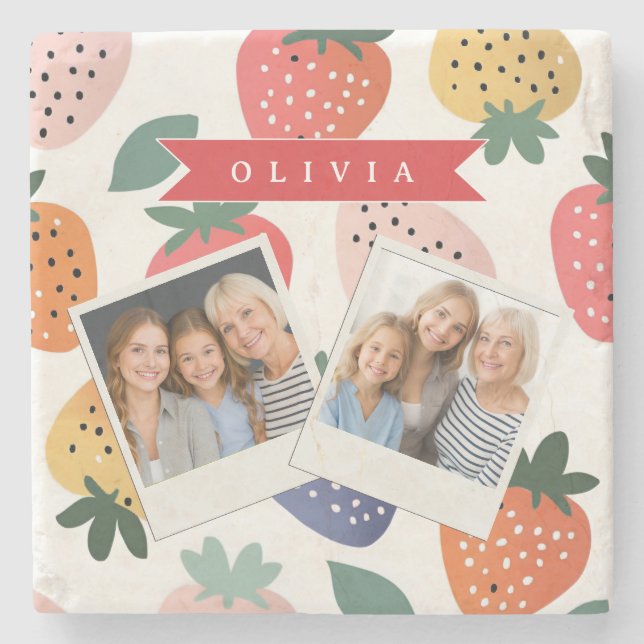 Personalized Summer Colorful Strawberry Pattern Stone Coaster (Front)