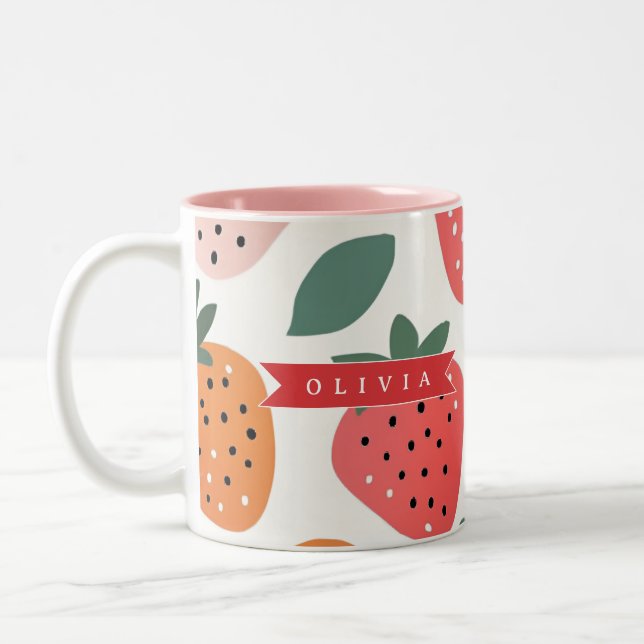 Personalized Summer Colorful Strawberry Pattern Two-Tone Coffee Mug (Left)