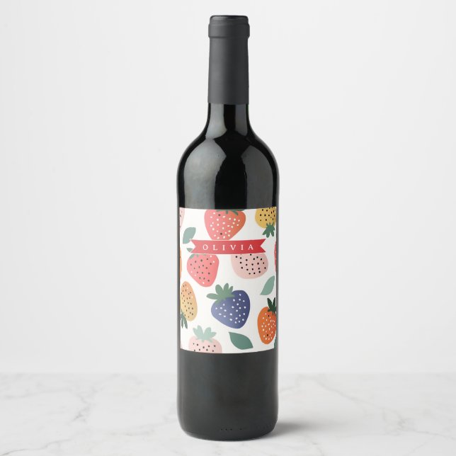 Personalized Summer Colorful Strawberry Pattern Wine Label (Front)