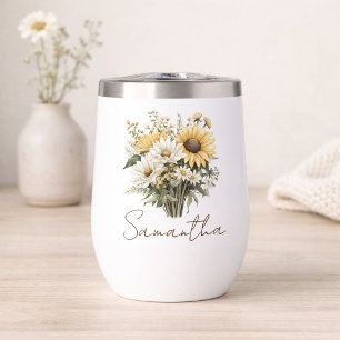 Personalized Summer Daisy Bouquet Name Thermal Wine Tumbler