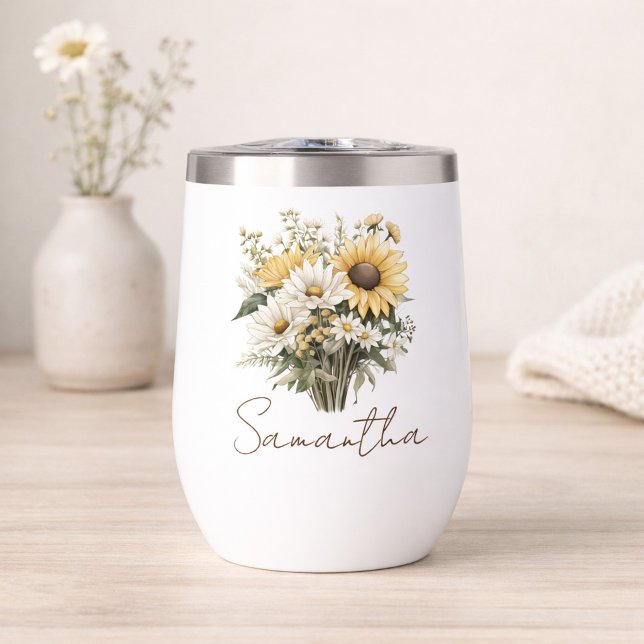 Personalized Summer Daisy Bouquet Name Thermal Wine Tumbler (Creator Uploaded)