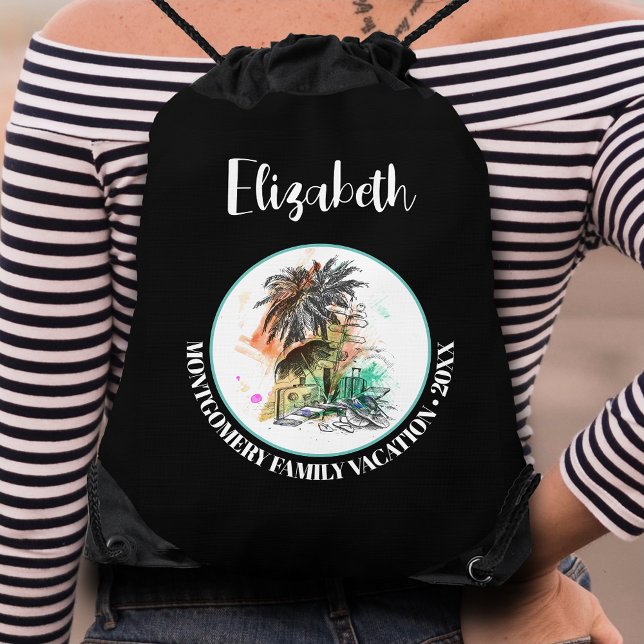 Personalized Summer Family Vacation Black Drawstring Bag (Personalized family summer vacation lightweight drawstring backpack, perfect for travel essentials)