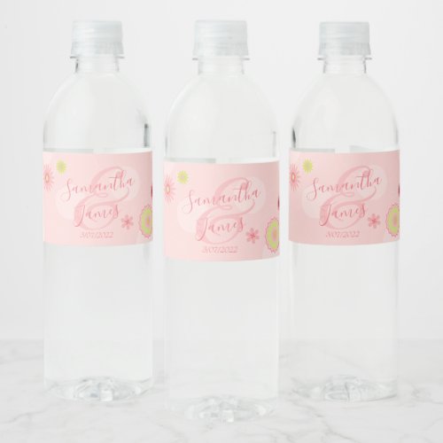 Personalized Summer Floral Pretty Pink Wedding Water Bottle Label