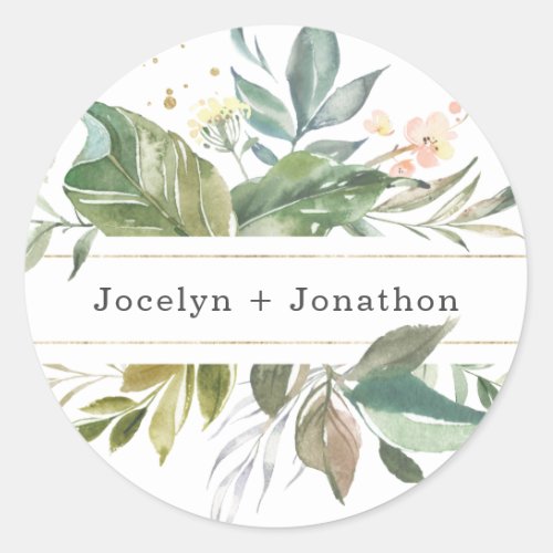 Personalized Summer Floral Wedding Favor Classic Round Sticker - Delicate summer flowers and greenery provide a lovely addition to your invitation envelope or favor bag.  Blush peach, soft yellow, and sage green watercolor flowers contrast nicely on a solid white background.  Matching items are available in the Summer Floral Collection in my store.