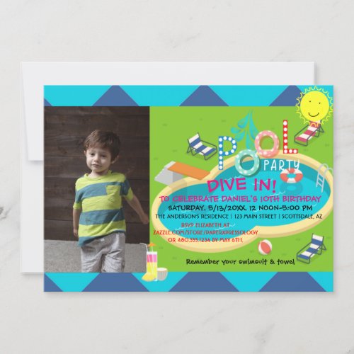 Personalized Summer Pool Party Photo Birthday Invitation