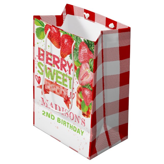 Personalized Summer Strawberry Birthday Medium Gift Bag (Front Angled)