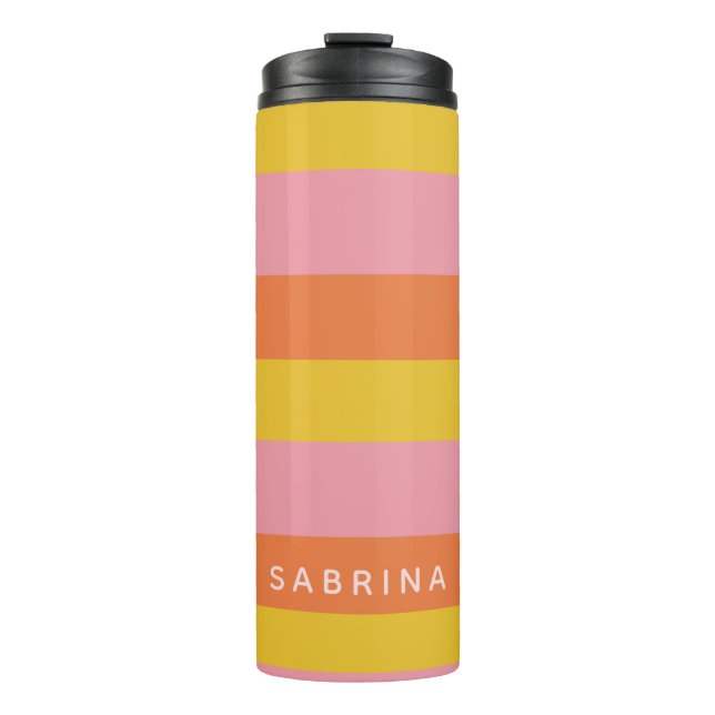 Personalized Summer Stripes Pink Yellow Orange Thermal Tumbler (Front)