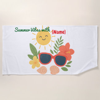 Personalized Summer Vibes Beach Towel | Cute Tropi