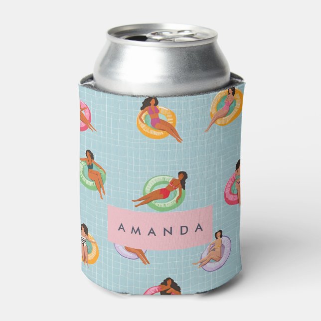 Personalized Summer Women Relaxing on Pool Floats Can Cooler (Can Front)