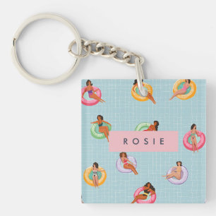 Personalized Summer Women Relaxing on Pool Floats Keychain