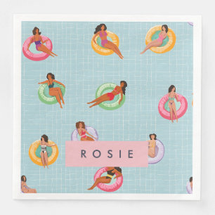 Personalized Summer Women Relaxing on Pool Floats Paper Dinner Napkins