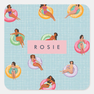 Personalized Summer Women Relaxing on Pool Floats Square Sticker