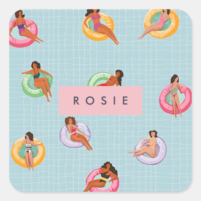 Personalized Summer Women Relaxing on Pool Floats Square Sticker (Front)