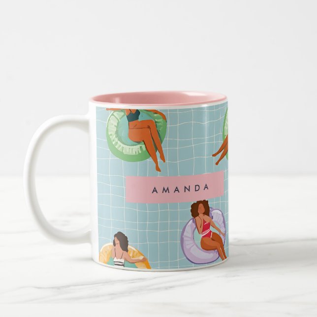 Personalized Summer Women Relaxing on Pool Floats Two-Tone Coffee Mug (Left)