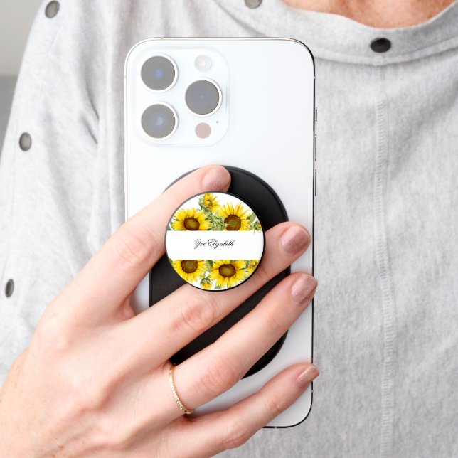 Personalized Sunflower Add your own Name Floral PopSocket (Hand)