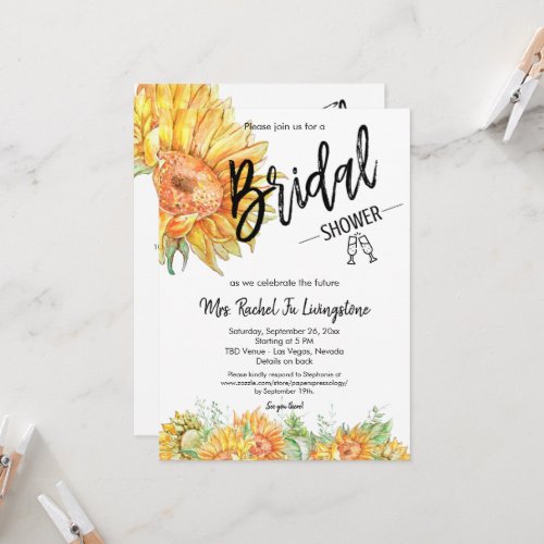Personalized Sunflower Bridal Shower with Details  Invitation