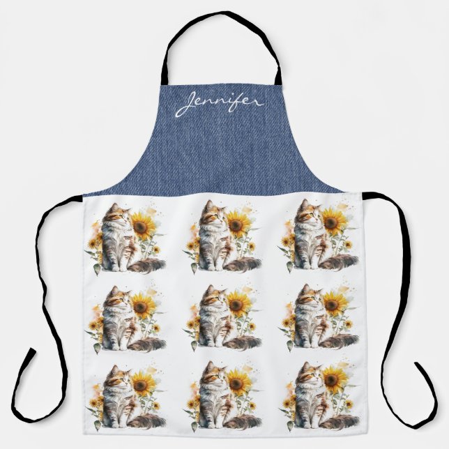 Personalized Sunflower Cat All-Over Print Apron (Front)