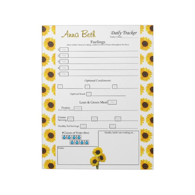 Personalized Sunflower Daily 6 Meal Food Journal Notepad (Rotated)