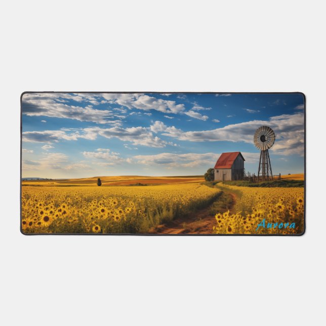 Personalized Sunflower Field and a Barn Desk Mat (Front)