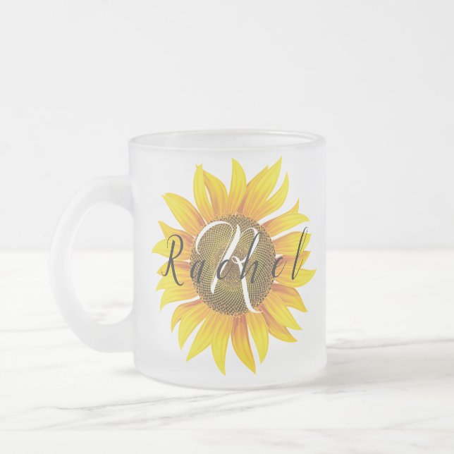 Personalized sunflower  frosted glass coffee mug (Left)